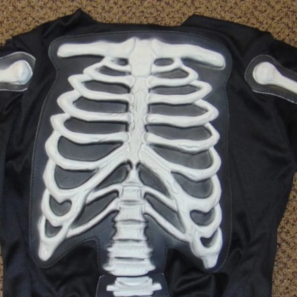 Skeleton Halloween Costume 12/14 White Skelebones 3-D Jumpsuit, Mask 6 Pc Boys